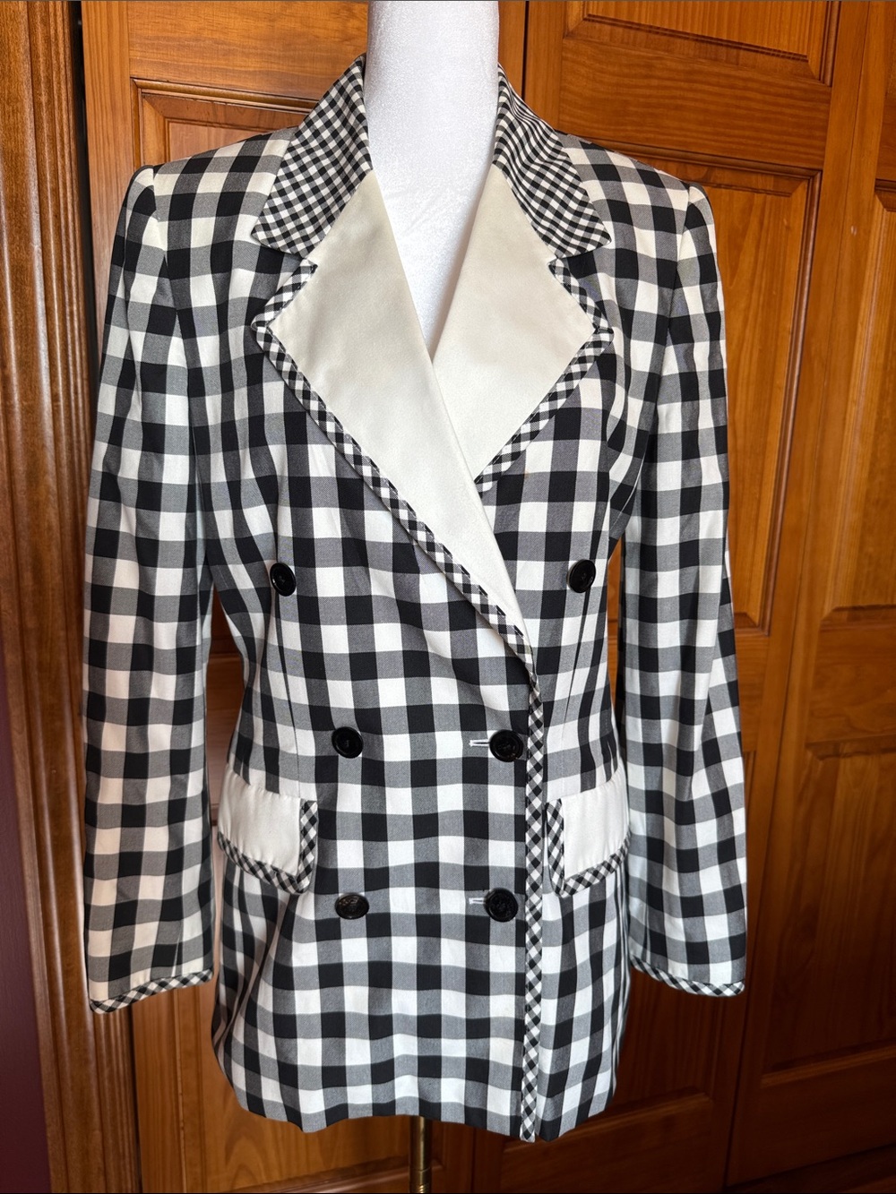 Escada Black and White Gingham Double-Breasted Blazer with Contrast Lapel